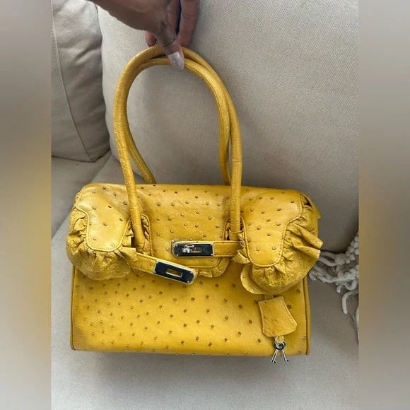 Butterfly Beverly Hills Elegant Mustard Yellow Ostrich Handbag - Picture 3 of 8